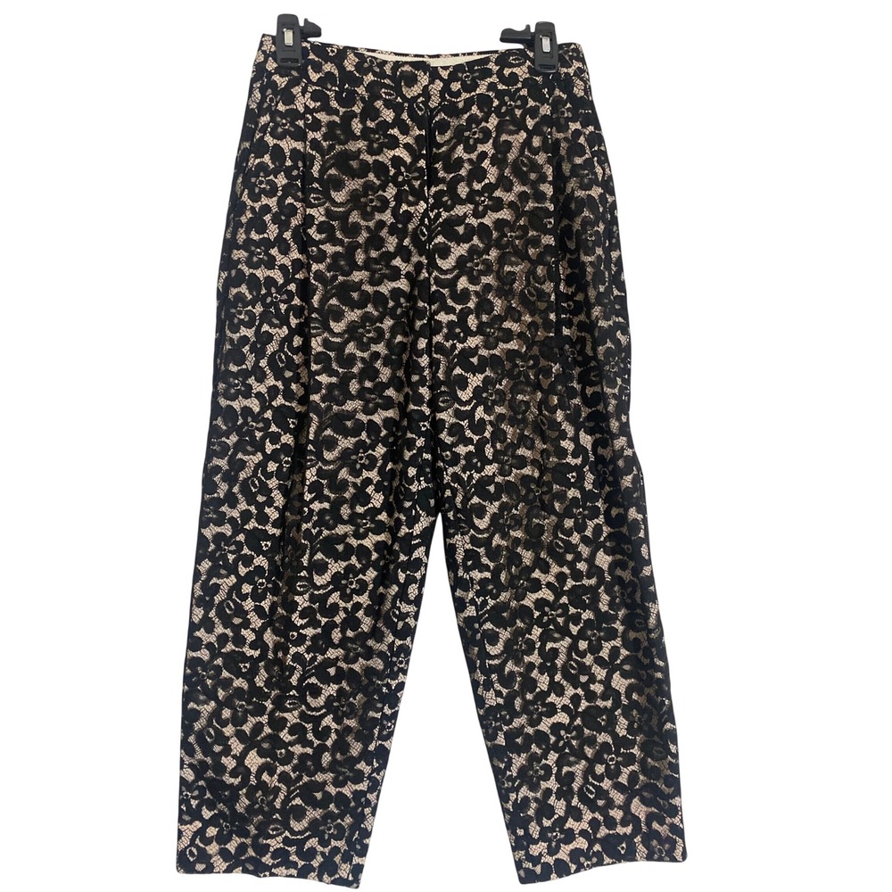 J. Crew Floral Lace Pants Womens 2 Black Excellent Wide Leg Cropped Trousers